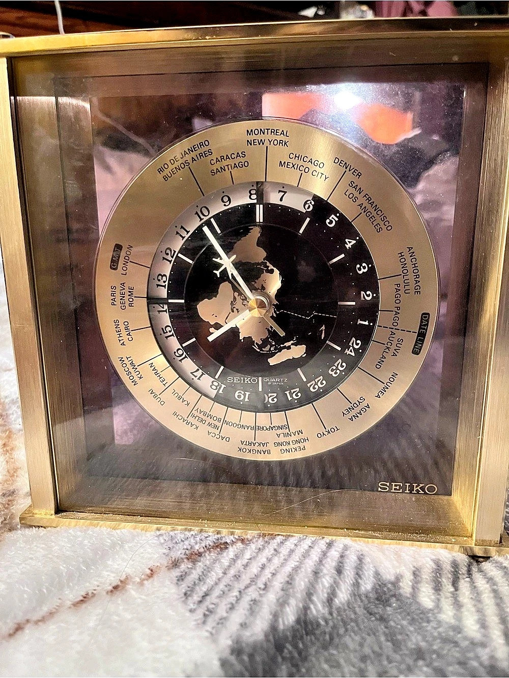 Seiko Golden Globe World Time Desk Clock Brown & Gold